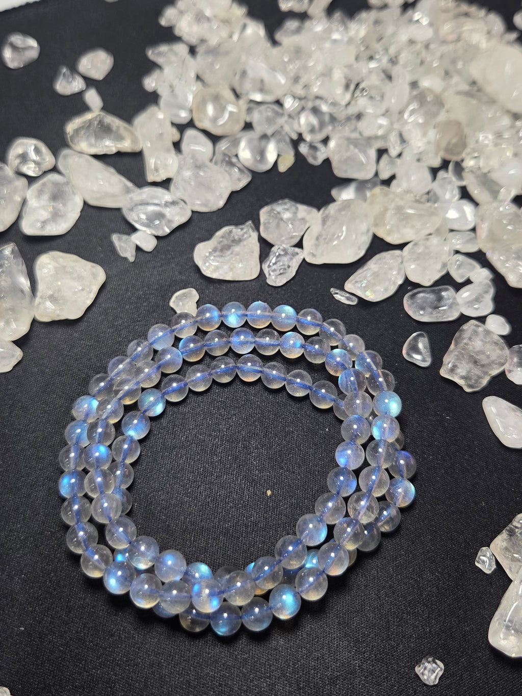 Natural Blue Flash Grey Moonstone 3-Loop Wrap Bracelet