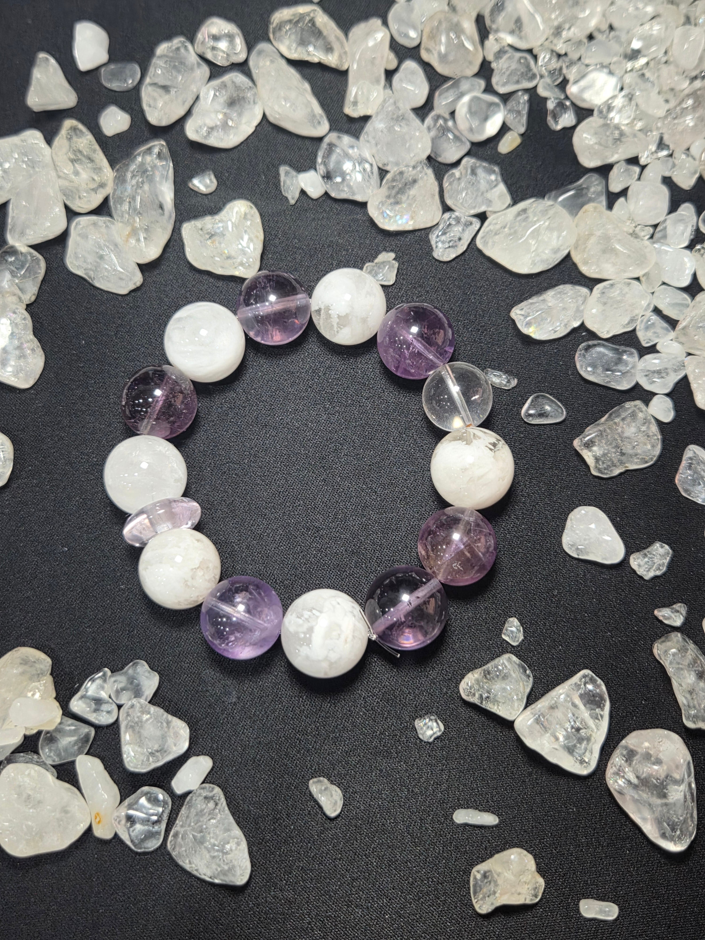Premium Natural Amethyst & White Snowflake Phantom Quartz Bracelet (approx. 14mm)