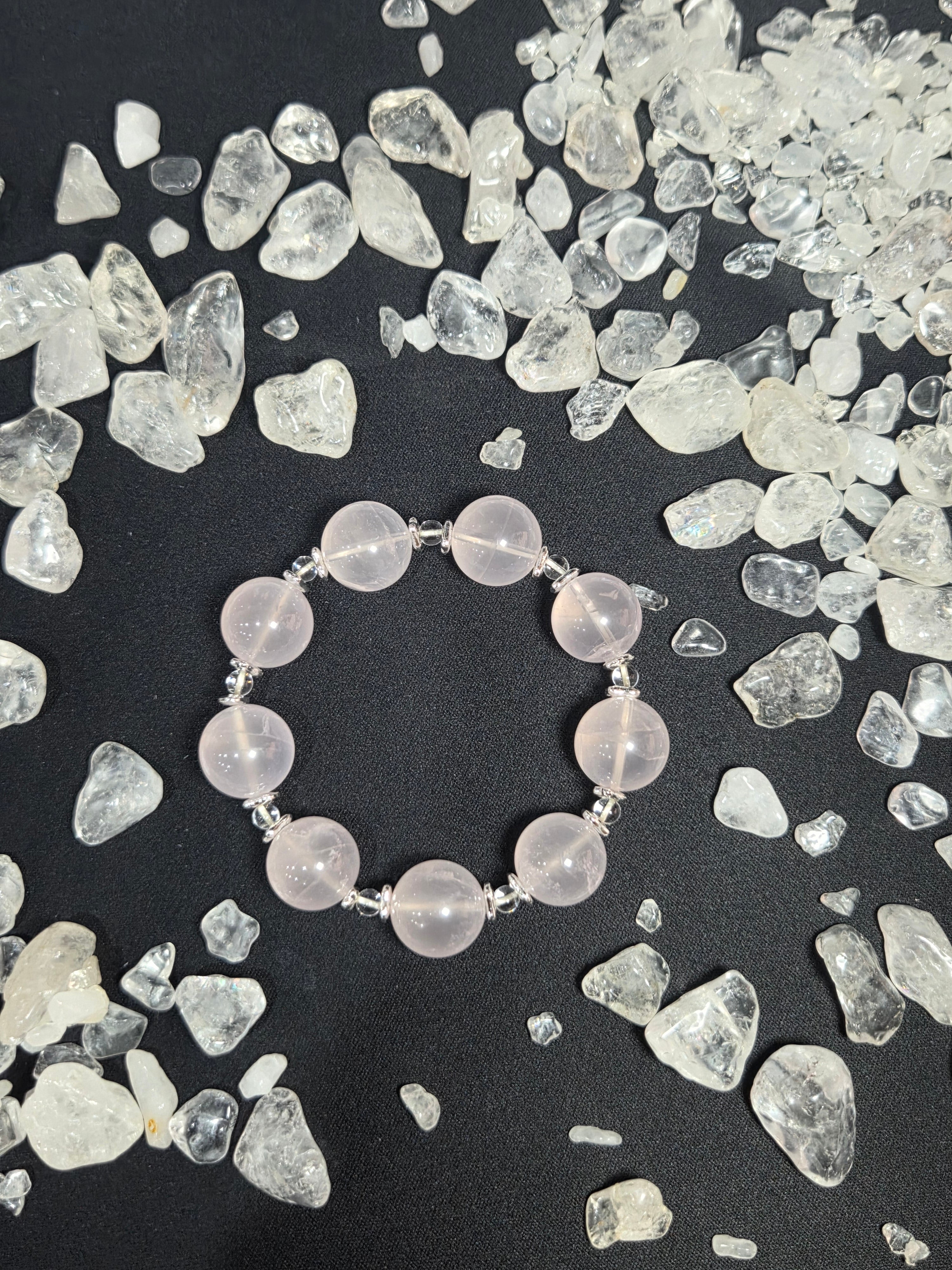 Premium Natural Pink Water Quartz Beaded Bracelet with Silver Accents (approx. 13mm)