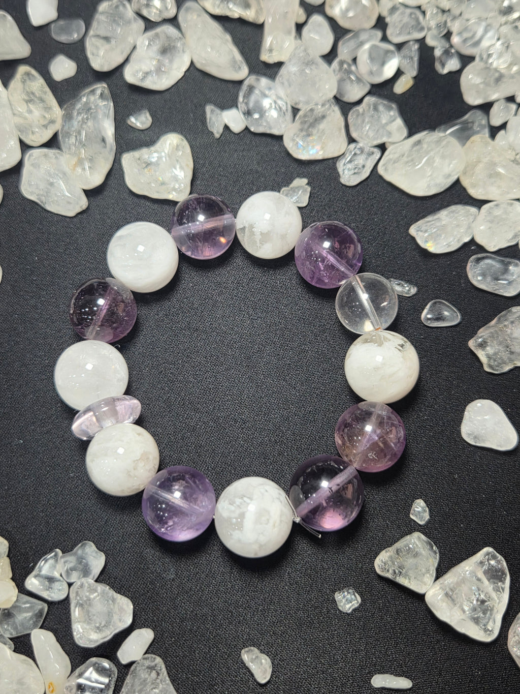 Premium Natural Amethyst & White Snowflake Phantom Quartz Bracelet (approx. 14mm)