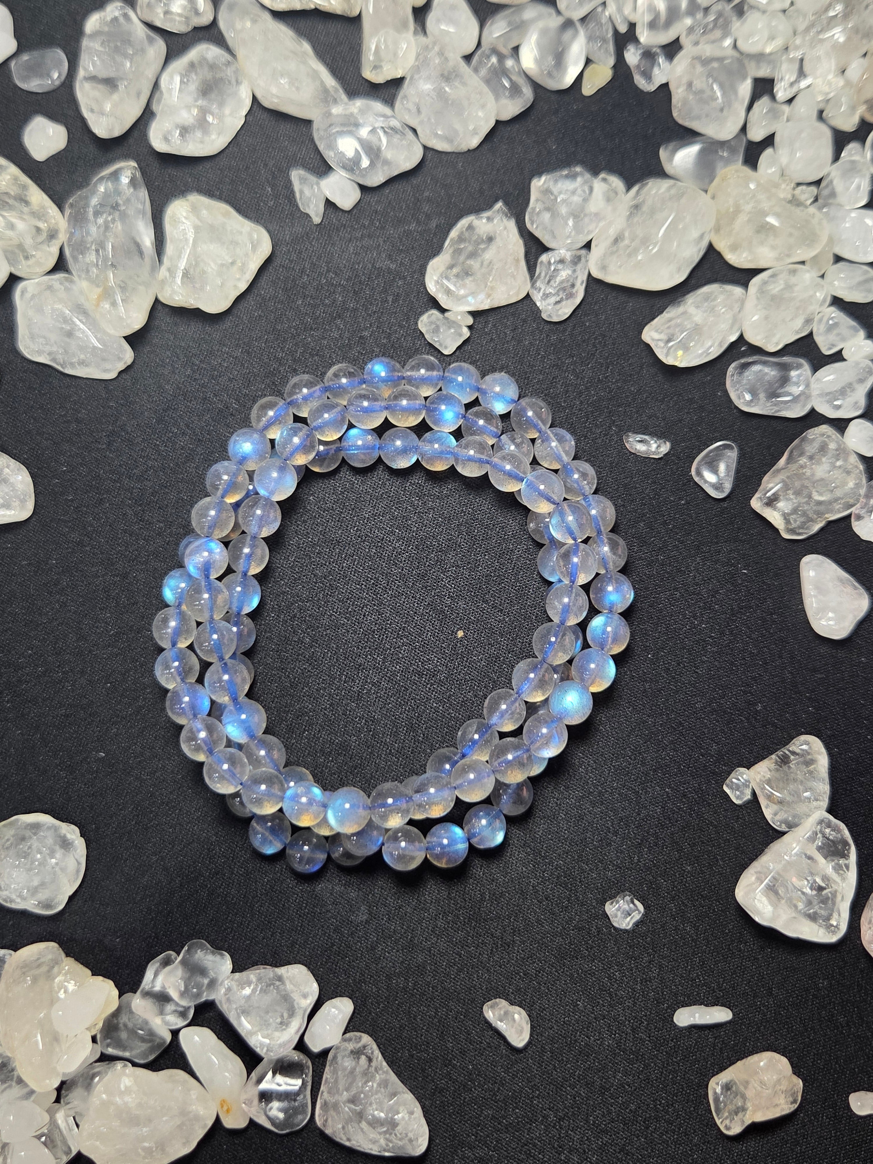 Natural Blue Flash Grey Moonstone 3-Loop Wrap Bracelet