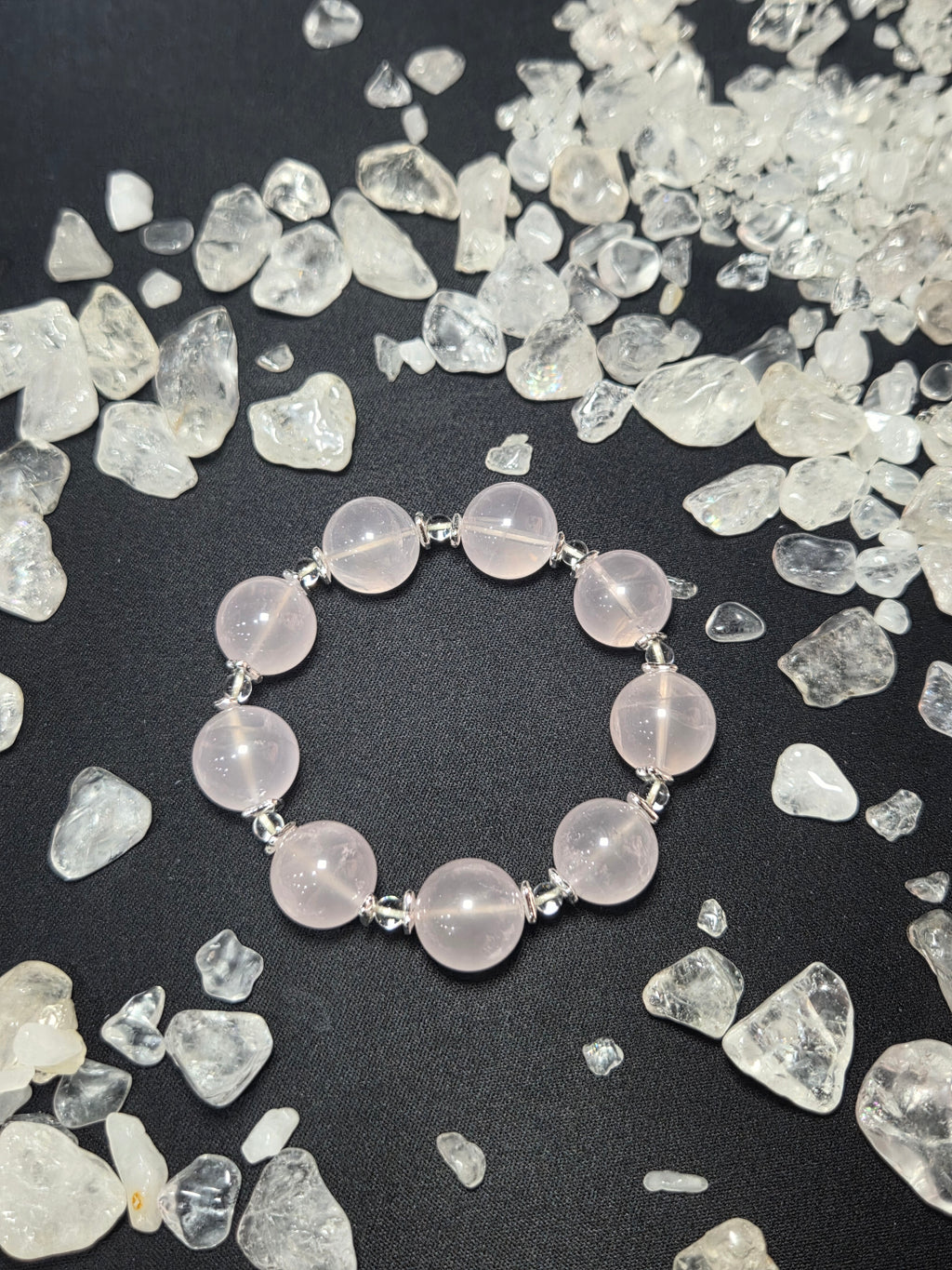 Premium Natural Pink Water Quartz Beaded Bracelet with Silver Accents (approx. 13mm)