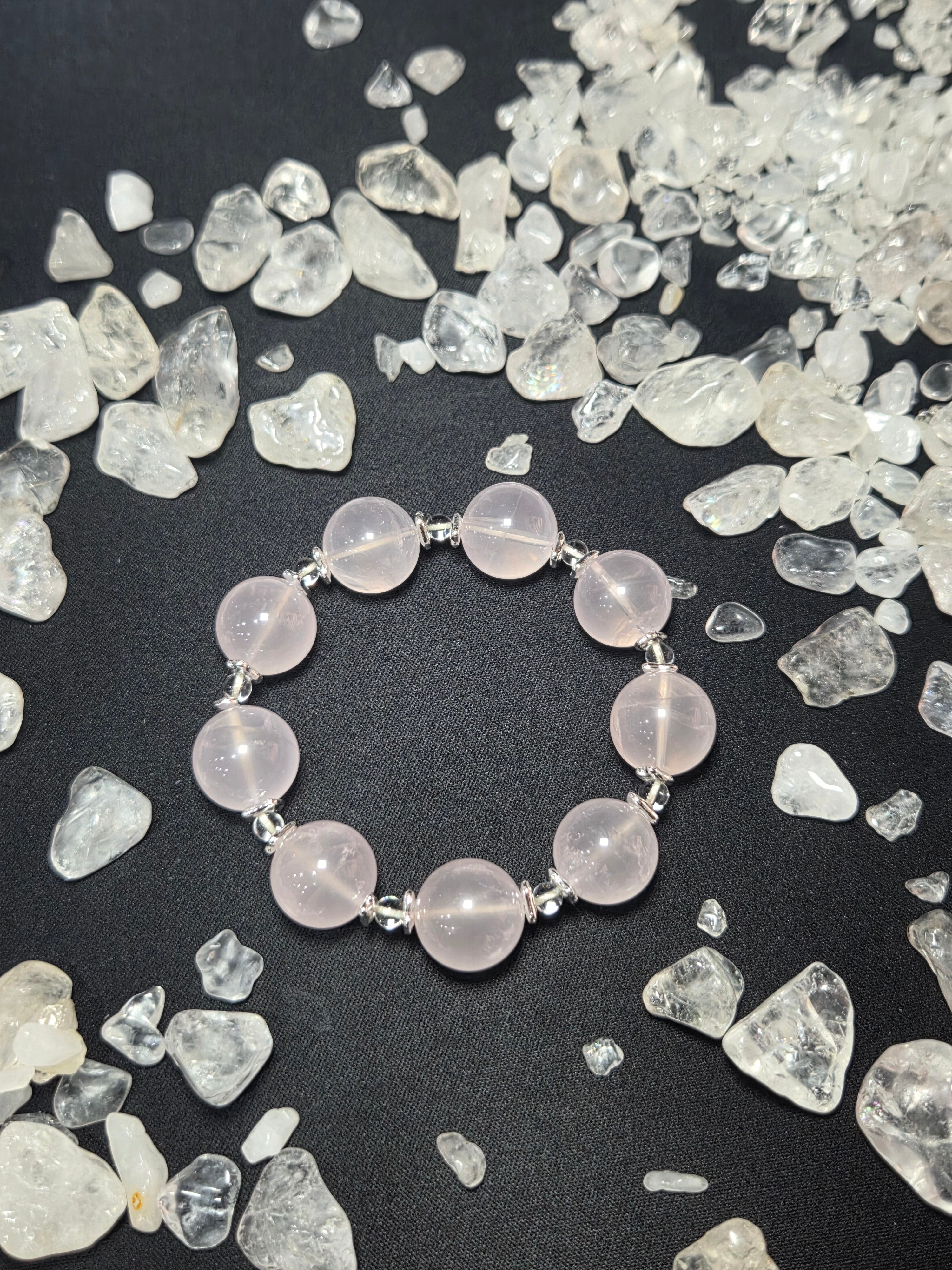Premium Natural Pink Water Quartz Beaded Bracelet with Silver Accents (approx. 13mm)