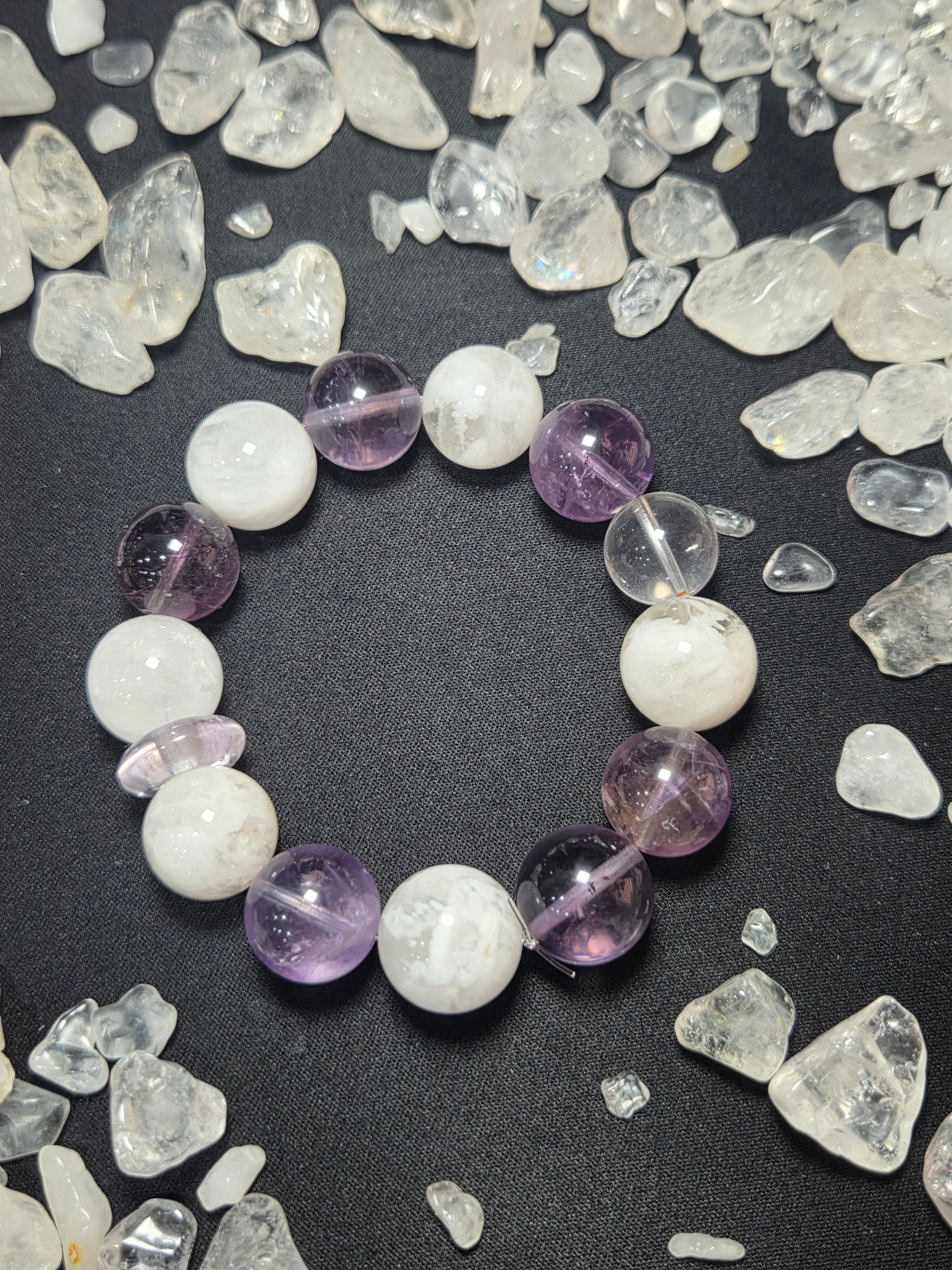 Premium Natural Amethyst & White Snowflake Phantom Quartz Bracelet (approx. 14mm)