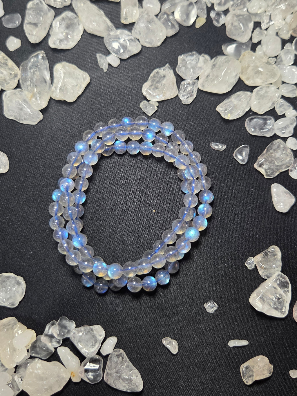 Natural Blue Flash Grey Moonstone 3-Loop Wrap Bracelet