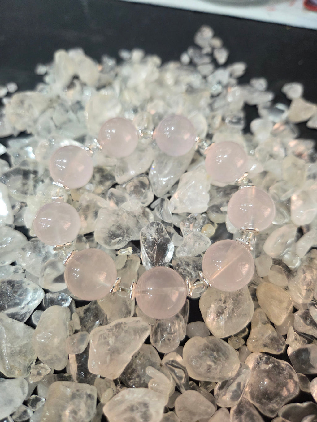 Premium Natural Pink Water Quartz Beaded Bracelet with Silver Accents (approx. 13mm)